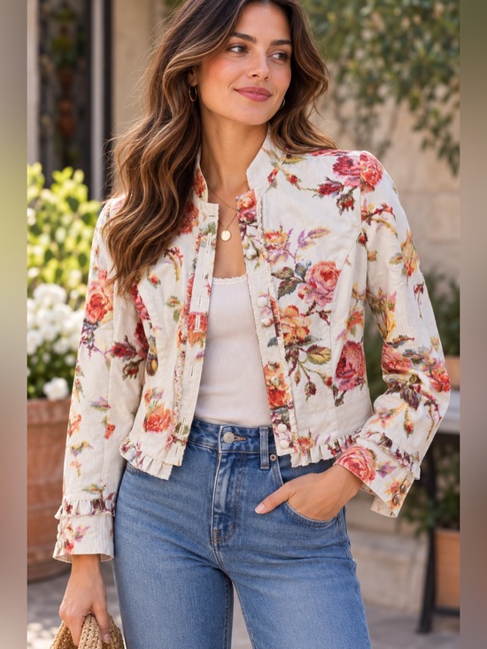 elevenses Jackets & Blazers - Elevenses Anthropologie Floral Cropped Jacket Ruffle Cotton Size 2 Coquette